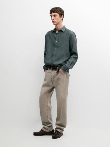 Zara Regular fit linen shirt with placket - Blue - Image 0