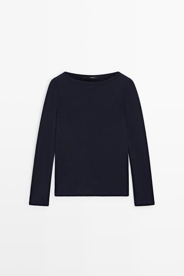 Zara Long Sleeve Boat Neck T-shirt - Navy blue - Image 0