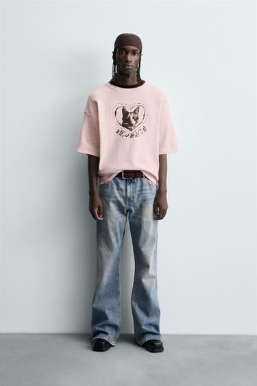 Zara CONTRAST PRINT KNIT T-SHIRT - Pale pink