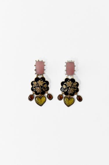 STONE, FLOWER AND HEART EARRINGS - Aged gold by Zara