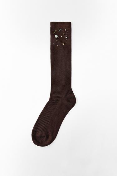 Zara WOOL SOCKS WITH JEWELS AND BEADS - Brown