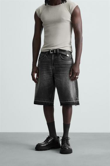Zara BAGGY FIT DENIM SHORTS - Charcoal