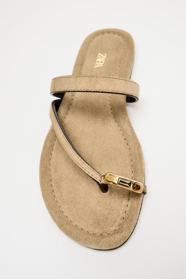 Zara FLAT SUEDE SANDALS WITH APPLIQUÉ - Sandy Brown