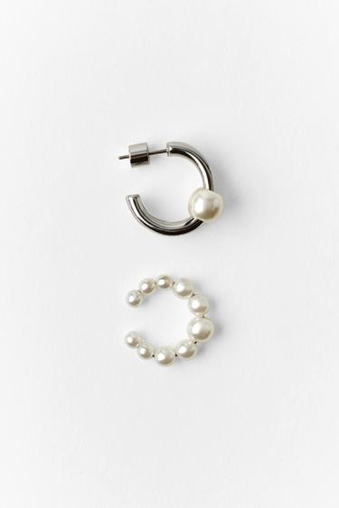 PACK OF HOOP AND FAUX PEARL EAR CUFFS - Silver by Zara