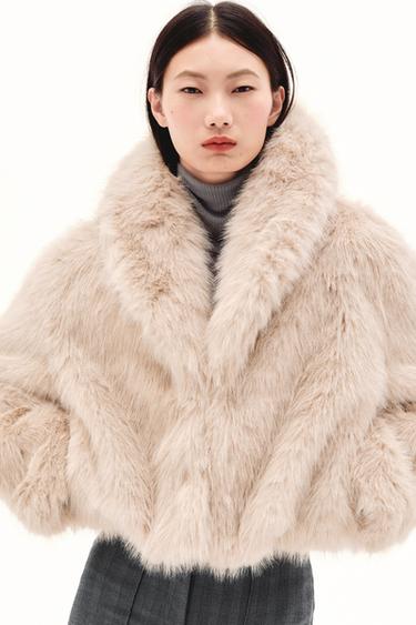 Zara 短版人造毛皮大衣 - 裸色
