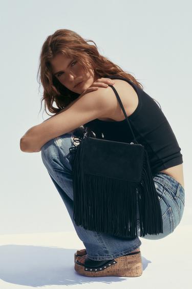 Zara FRINGED SPLIT LEATHER MINI CROSSBODY BAG - Black