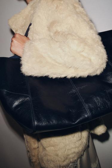 Zara LEATHER MAXI SHOPPER BAG - Navy Blue