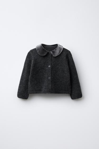 Zara VELVET PETER PAN COLLAR CARDIGAN - Dark gray