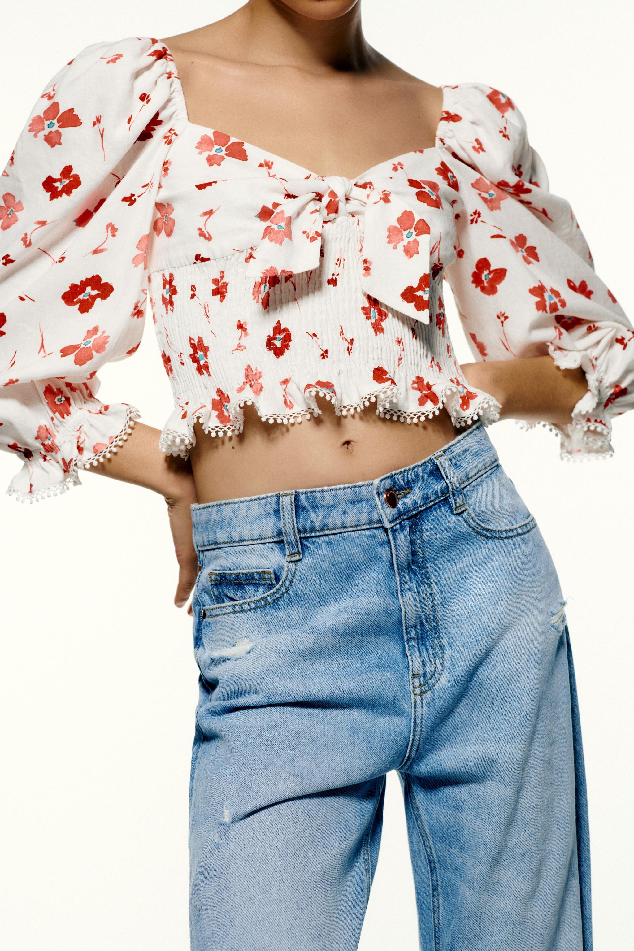 PRINTED LINEN BLEND TOP - White / Red | ZARA United States PRINTED LINEN BLEND TOP - White / Red | ZARA United States