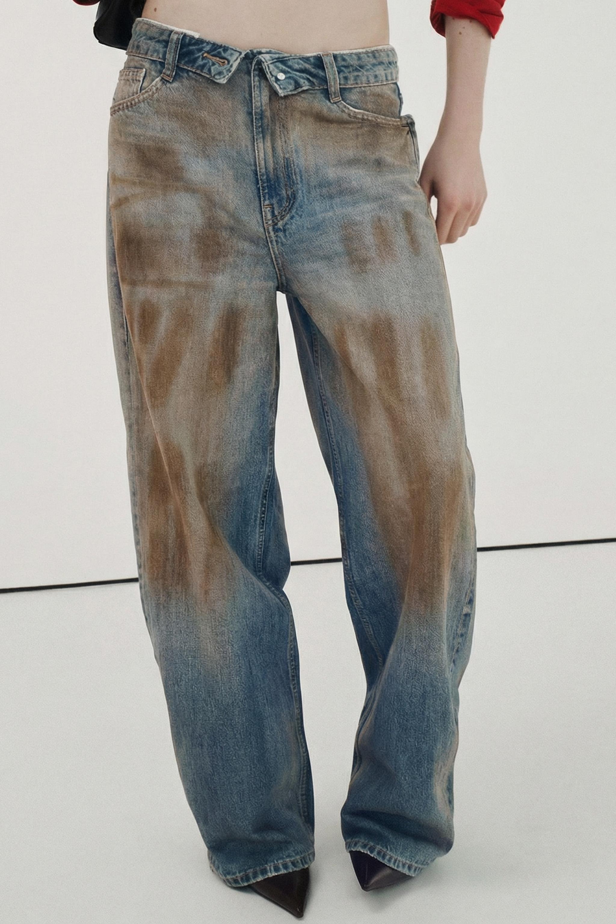 TRF 折り返しウエスト ミッドライズデニムパンツ - ブルー | ZARA