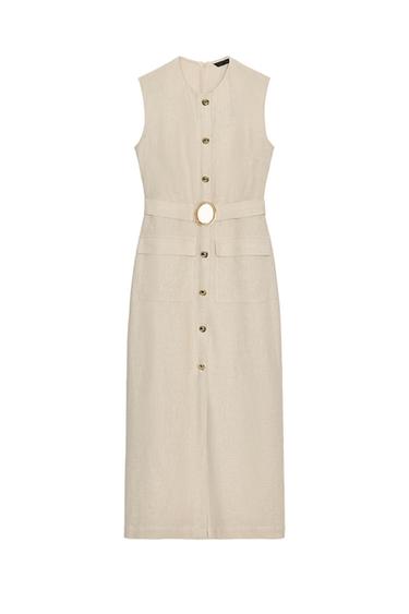 LINEN BLEND BUCKLE MIDI DRESS