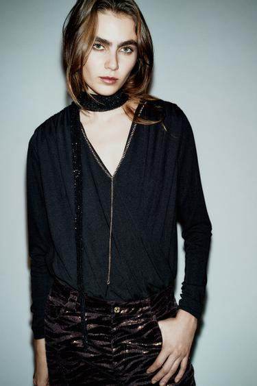 PANTALON VELOURS ET PAILLETTES - Marron de Zara