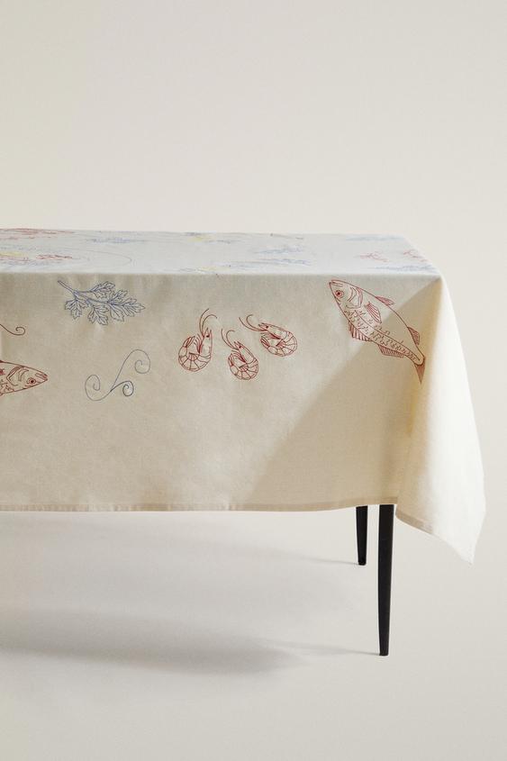 FISH PRINT COTTON TABLECLOTH - Light beige by Zara - Image 0