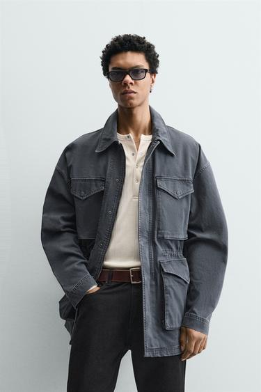Zara WASHED COTTON STRUCTURED PARKA - Light indigo