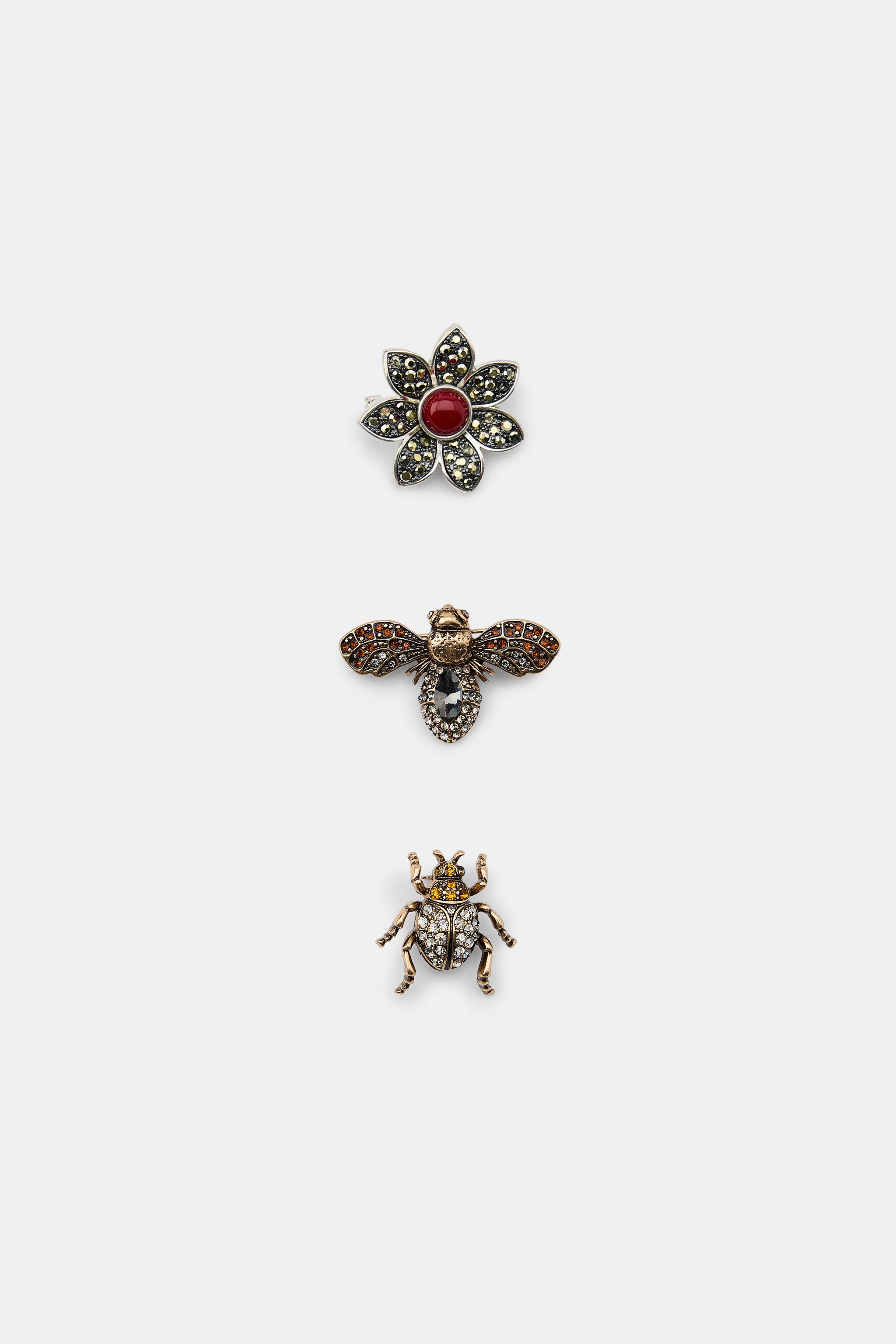 PACK OF 3 SPARKLY FLOWER AND INSECT BROOCHES - Gold / Silver