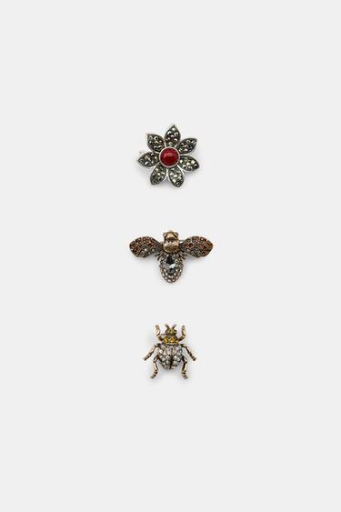 PACK OF 3 FLOWER AND INSECT BROOCHES WITH RHINESTONES - Gold / Silver by Zara