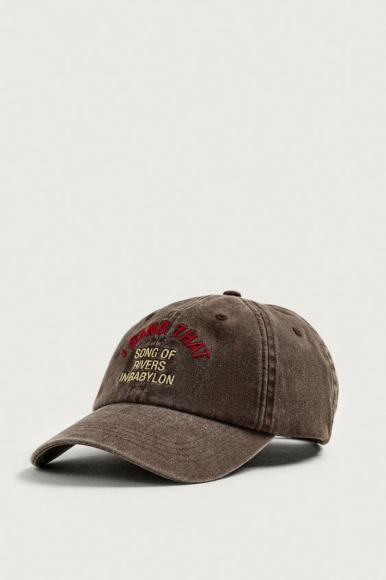 WASHED CAP WITH CONTRAST EMBROIDERED TEXT - Brown by Zara - Image 0