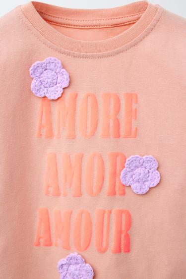 T-SHIRT À INSCRIPTION ET DÉCOR FLEURS - Rose clair de Zara - Image 2