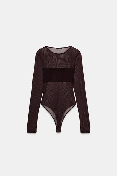 Zara COMBINATION TULLE BODYSUIT - Dark brown - Image 0