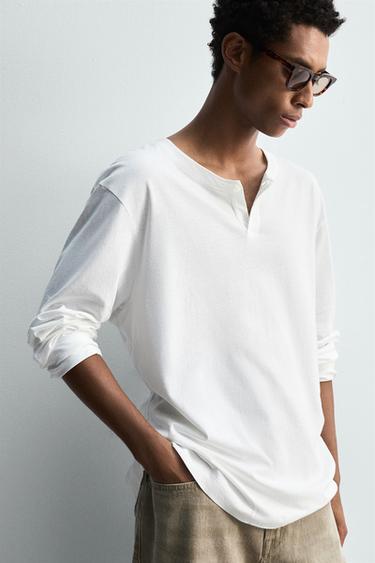 BUTTON NECK T-SHIRT - White by Zara - Image 4