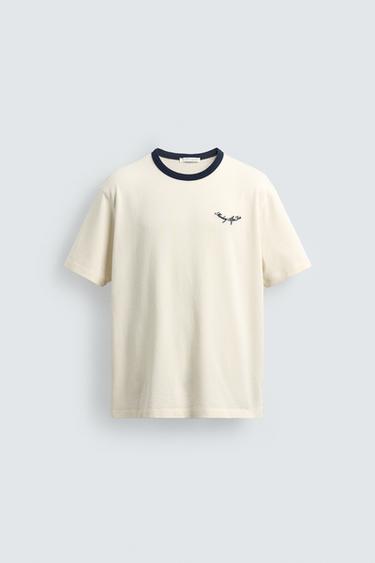 REGULAR FIT CONTRAST EMBROIDERED T-SHIRT - Ecru by Zara - Image 6
