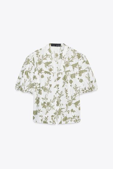 TOP IMPRIMÉ BRODERIES AJOURÉES - écru/vert kaki de Zara - Image 4