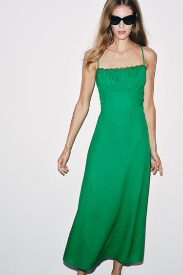 Zara LINEN STRAPPY MIDI DRESS - Green