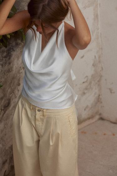 TOP SATINÉ HALTER - Blanc de Zara