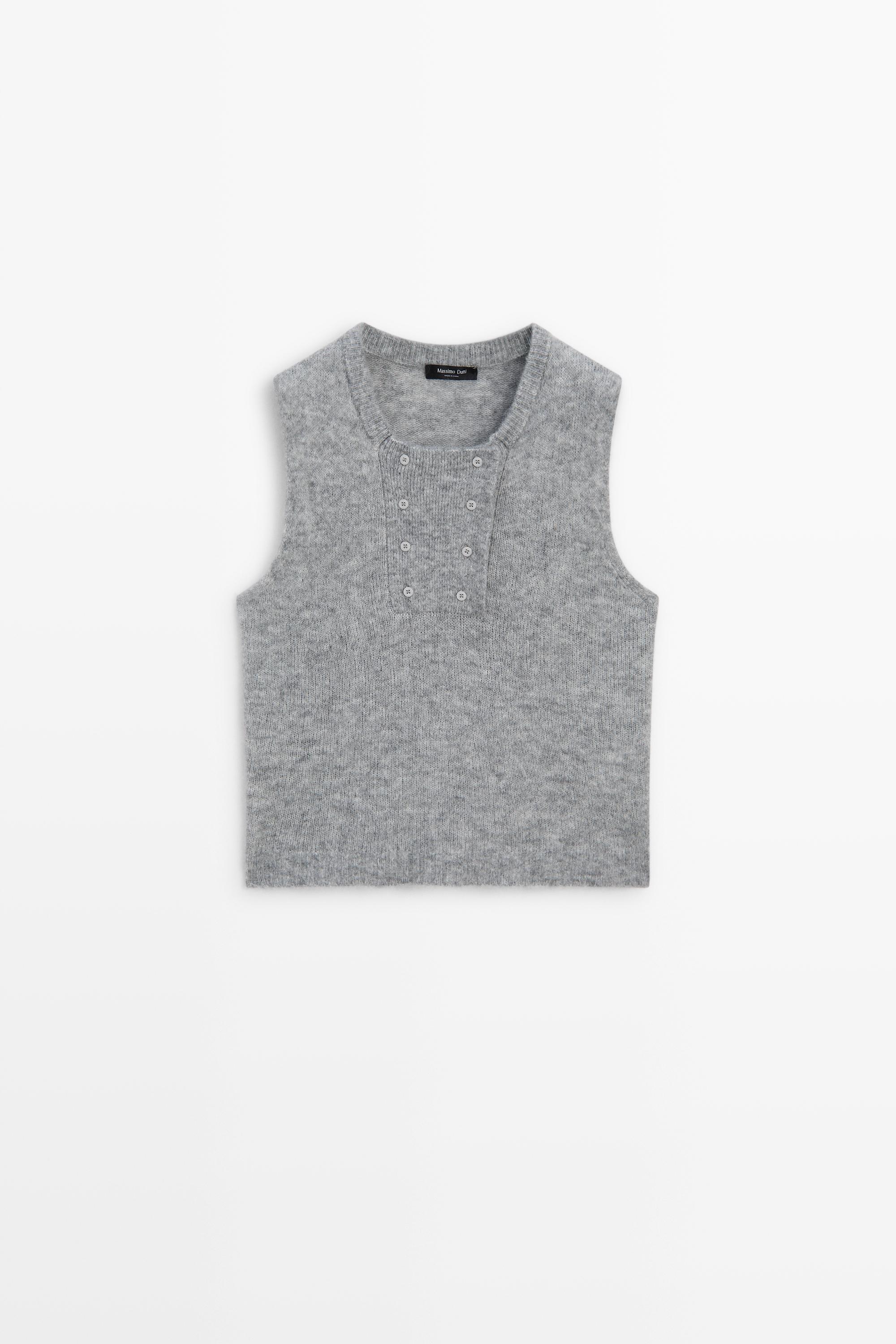 Wool blend button-detail knit top