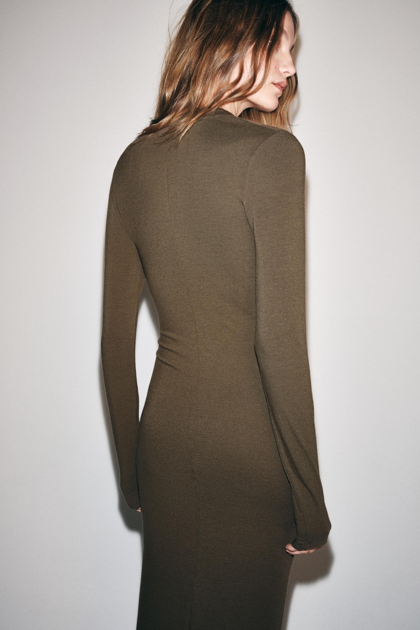 Женское платье Zara Long Funnel Neck, цвет: Тёмный хаки — фото 3