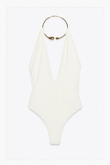 Zara HALTER SWIMSUIT WITH METAL COLLAR - Ecru