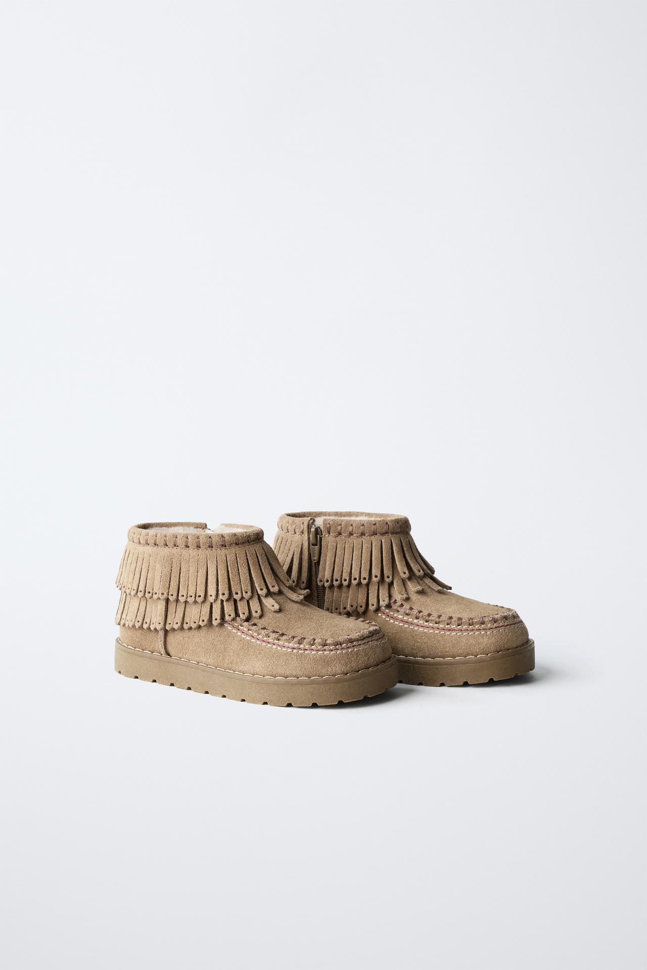 LEATHER FRINGED LINED ANKLE BOOTS — Sandy Brown