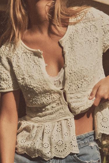 Zara ROMANTIC COMBINATION KNIT TOP - Light beige