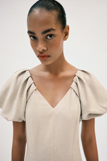 ROBE MI-LONGUE EN LIN À MANCHES BOUFFANTES - Beige clair de Zara - Image 2
