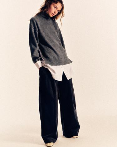 ZW COLLECTION WIDE-LEG CORDUROY TROUSERS WITH PLEATS - Petrol blue by Zara