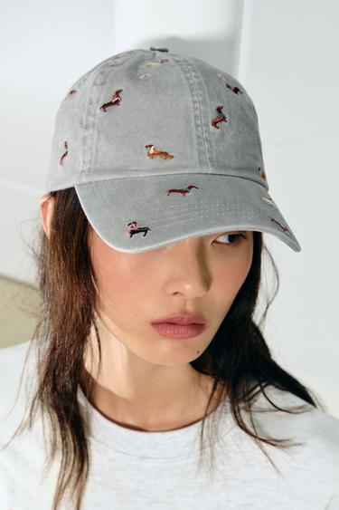 Zara 斜紋布小狗刺繡棒球帽 - 灰色