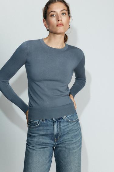 Zara BUTTON KNIT JUMPER - Blue / Gray