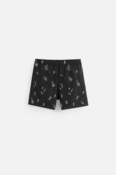 Zara EMBROIDERED MID-LENGTH SWIMSUIT - Black