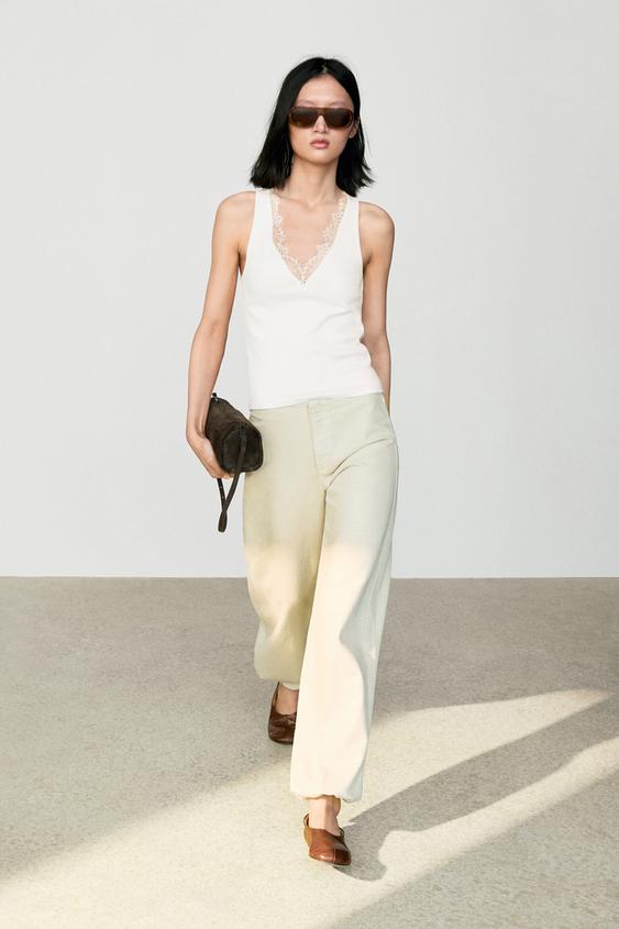 Zara V-neck lace trim camisole top - Ecru - Image 0