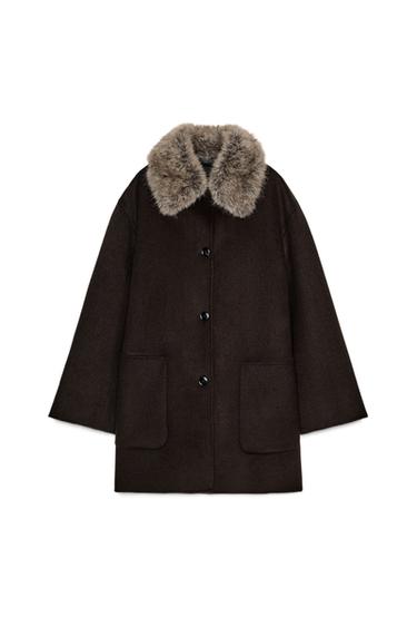 WOOL COAT WITH FAUX FUR COLLAR ZW COLLECTION