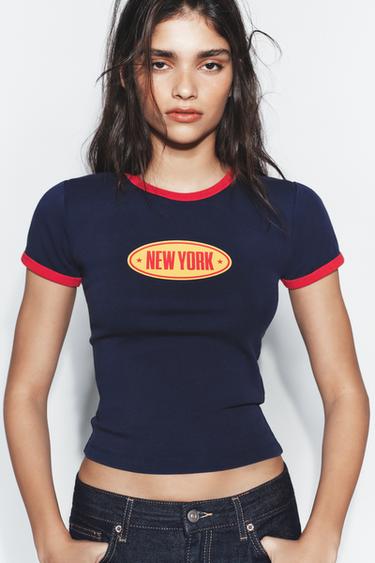 T-SHIRT À INSCRIPTION - Bleu de Zara - Image 1