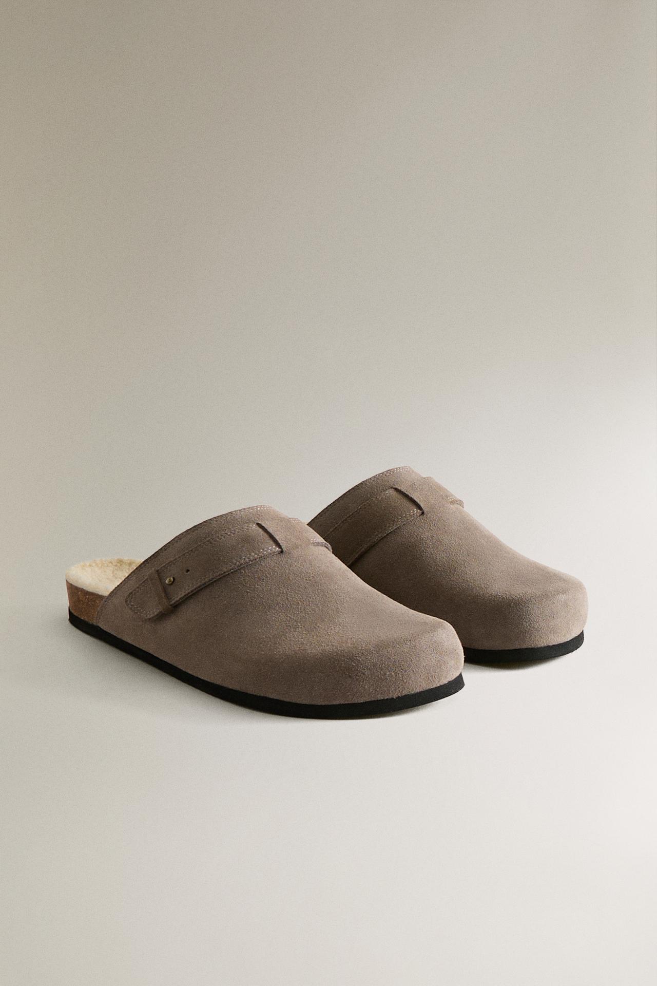 WARM LEATHER MULE CLOG SLIPPERS — Dark Gray