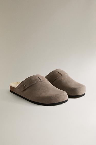 WARM LEATHER MULE CLOG SLIPPERS — Dark Gray 2