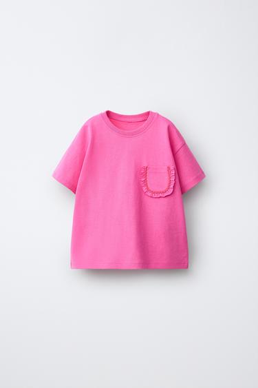 T-SHIRT WITH POCKET AND RUFFLE - Coral by Zara