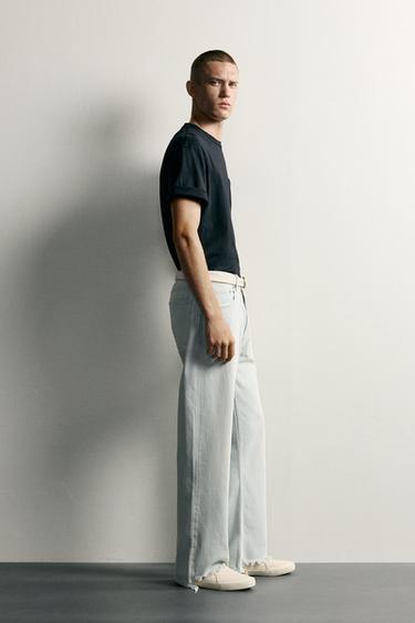 Zara WASHED STRIPED FLARE TROUSERS - Faded sky blue