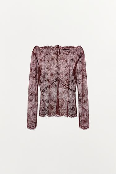 BLOUSE SEMI-TRANSPARENTE AVEC DENTELLE - Grenat de Zara - Image 1