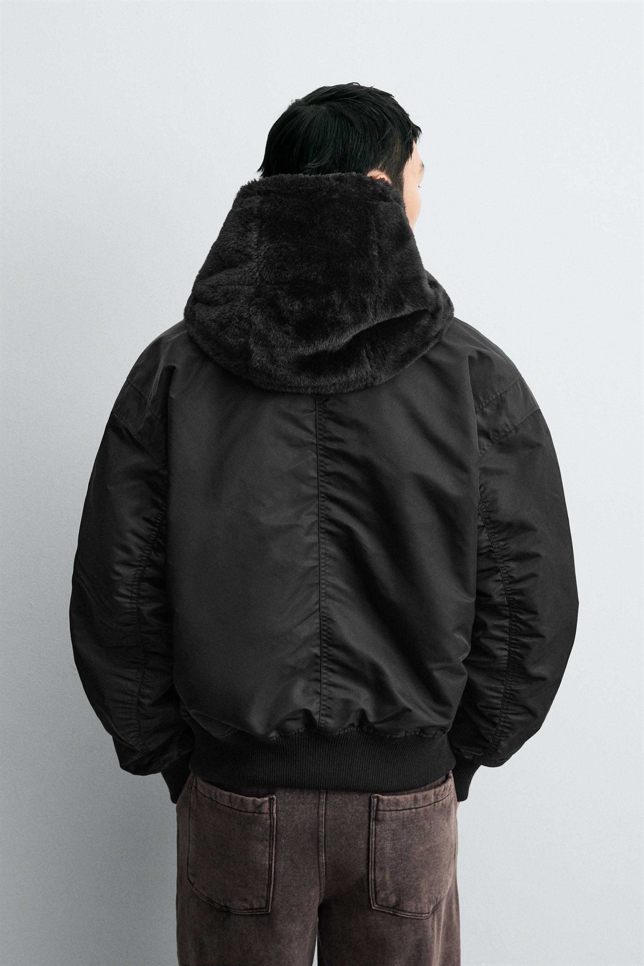 【ZARA】リバーシブルファージャケット リバーシブルファージャケット ボンバー - ブラック | ZARA