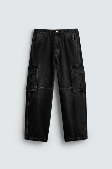Zara STRAIGHT FIT CARGO JEANS - Black