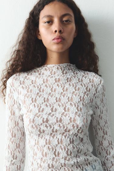 LACE LONG SLEEVE T-SHIRT - Ecru by Zara