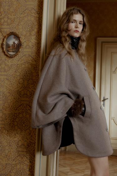 WOOL CAPE COAT WITH CONTRAST COLLAR - Dark mink by Zara